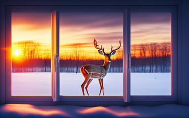 Deer outside the window in the winter landscape at sunrise. Digital art with oil painting effect, created by generative artificial intelligence