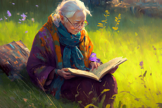 Old woman smiling with dog reads a book sitting in the grass - AI generative technology