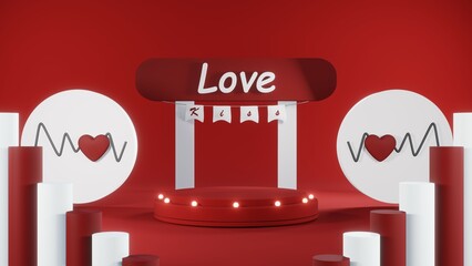 3D rendering of red podium for Valentine products on Valentine's Day.