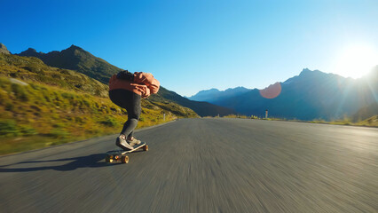 Cinematic downhill longboard session. Young woman skateboarding and making tricks between the...