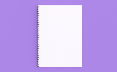 Mockup blank paper notebook or notepad on purple background. 3d rendering.