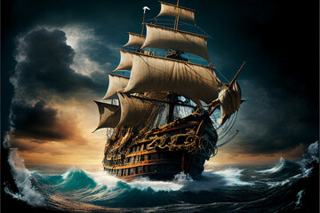 A huge pirate ship sails on a stormy sea. AI generated.