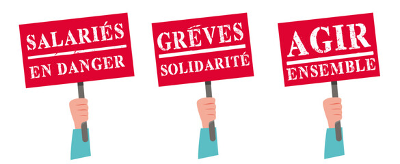 Pancartes manifestation, main tenant pancarte, agir ensemble, grèves et solidarité, salarié en danger