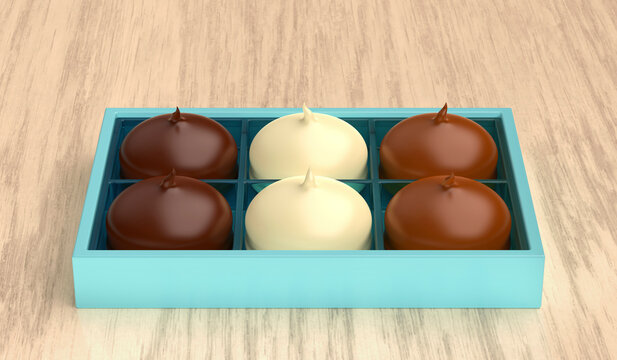Box with different chocolate coated marshmallows on wood background