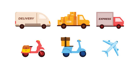 Delivery vehicles line option set. Mode of transport. Distribution, logistics, shipping concept. Van, truck,car expressed moped, bicycle, scooter, postal car,airplane,transport Vector illustration.