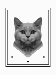 Gray cat head geometric lines, 3D rendering, illustration for use as print, logo, emblem and other