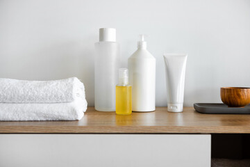 Detail Cosmetic skin care products on a shelf of a Cosmetologist's office
