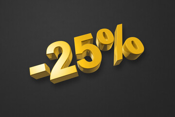 25% off discount offer. 3D illustration isolated on black. Promotional price rate