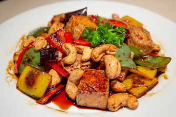 Vegetarian, Stir fried Tofu with cashew nuts, Asian Chinese.