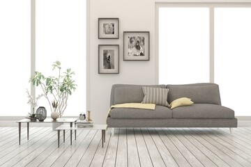 White living room with sofa. Scandinavian interior design. 3D illustration
