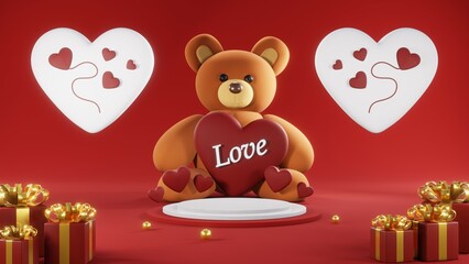 3D rendering of red podium for Valentine products on Valentine's Day.