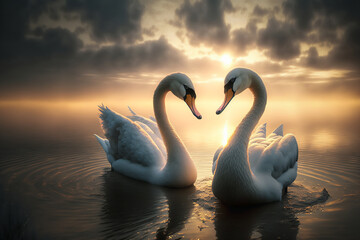 Fototapeta premium romantic image of two swans on the lake at sunset. Generative AI