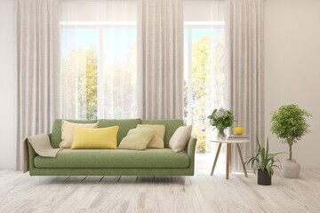 Stylish room in white color with sofa and autumn landscape in window. Scandinavian interior design. 3D illustration