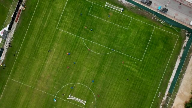 Football training base on the shores of the mediterranean sea aerial view 4 K