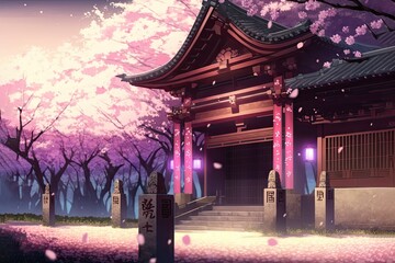 Asiatisches Bauwerk mit Kirschblütenzweigen, Sakura - ai generiert