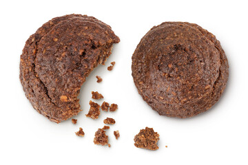 chocolate cookie with kerob, banana, cashew, sunflower seeds isolated on white background. Healthy food, gluten-free, flour-free. Top view. Flat lay.