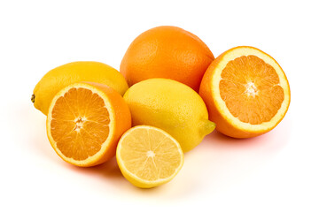 Composition of fresh lemons and oranges, isolated on white background.