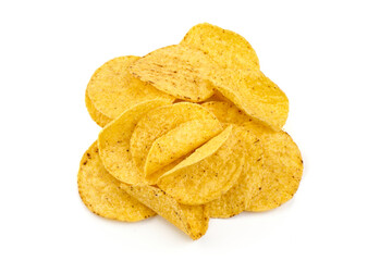 Mexican nachos chips, corn tortilla crisps, isolated on white background.