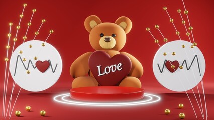 3D rendering of red podium for Valentine products on Valentine's Day.