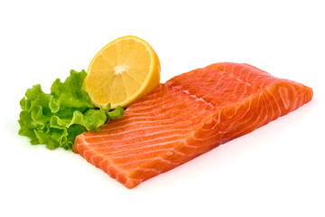 Fresh salmon fillets with lemon isolated on white background.