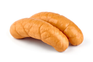 Knackwurst boiled sausages, isolated on white background.