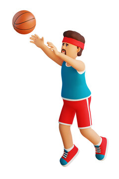 3D cartoon basketball player throws the ball into the basket while jumping. 3D illustration.