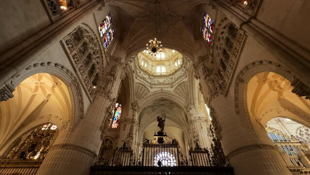 Interior of the famous gothic Burgos Cathedral in Castilla y Leon, Spain. Unesco World Heritage Site. High quality 4k footage