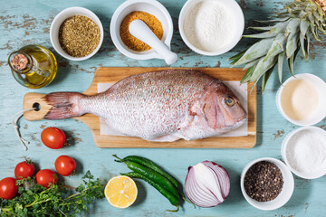 Red Snapper with ingredients. Prepared in tropical taste with Pico de Gallo and pineapple. Fresh and tasty fish and seafood. 