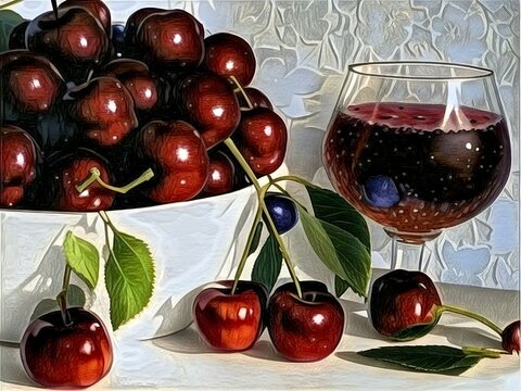 Wine and cherry. Close-up of Cherry Wine with beautiful Berries in a bowl.