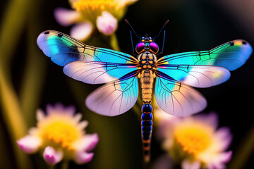 Fototapeta na wymiar Generative AI: magical image of dragonfly flying in the night