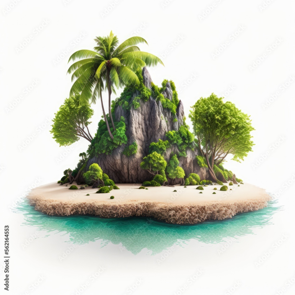 Wall mural deserted tropical island with palm trees isolated on a white background, generative ai