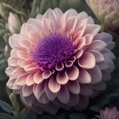 Generative AI: Fresh dahlia  flower scolored in shades of lilac close up in the meadow