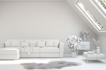 Mock up of stylish room in white color with sofa. Scandinavian interior design. 3D illustration