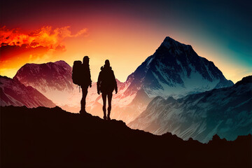 Man and woman silhouette on top of mountains viewing a beautiful sunset, generative ai