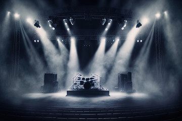 Empty Music Concert Stage with Lighting On and Smoke in Cinematic Photography - A Minimalistic and Powerful Illustration of the Potential Music Venue generative ai