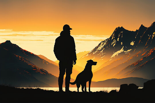 A man and a dog silhouette on top of mountains looking at sunset, beautiful landscape mountain view at dawn generative ai