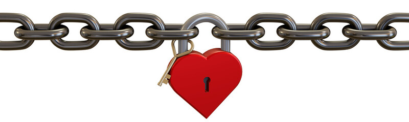 Red heart lock between chains. Valentine's day, love, relationships concept. PNG Transparent Background