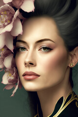 beauty portrait of a stylish woman with flowers, Generative AI