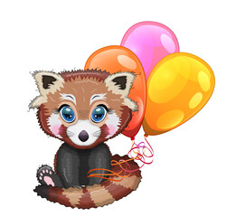 Red panda, cute character with bamboo leaves, greeting card, bright childish style. Rare animals, red book, cat, bear