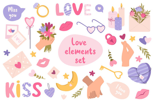 Love and romantic isolated elements set in flat design. Bundle of hearts, proposal rings, chat bubbles, photo, gift, flowers, kiss, glasses, candles, letter, valentines and other.