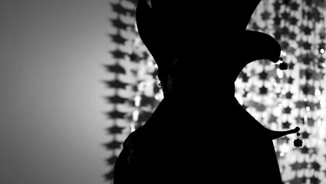 Person in the carnival mask of harlequin in the darkness.