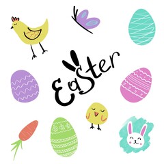 cute easter set with eggs, rabbit and chicken 