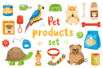 Pet products isolated elements set in flat design. Bundle of canned food, parrot, bowl, hamster, bone and ball toys, treats, leash, turtle, collar, dog, and other vet accessories.