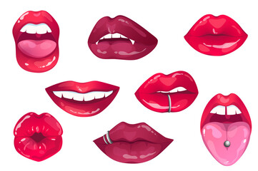 Female red lips isolated elements set in flat design. Bundle of women mouth with with different expressions of emotions, piercing, vampire fangs, protruding tongue and other.