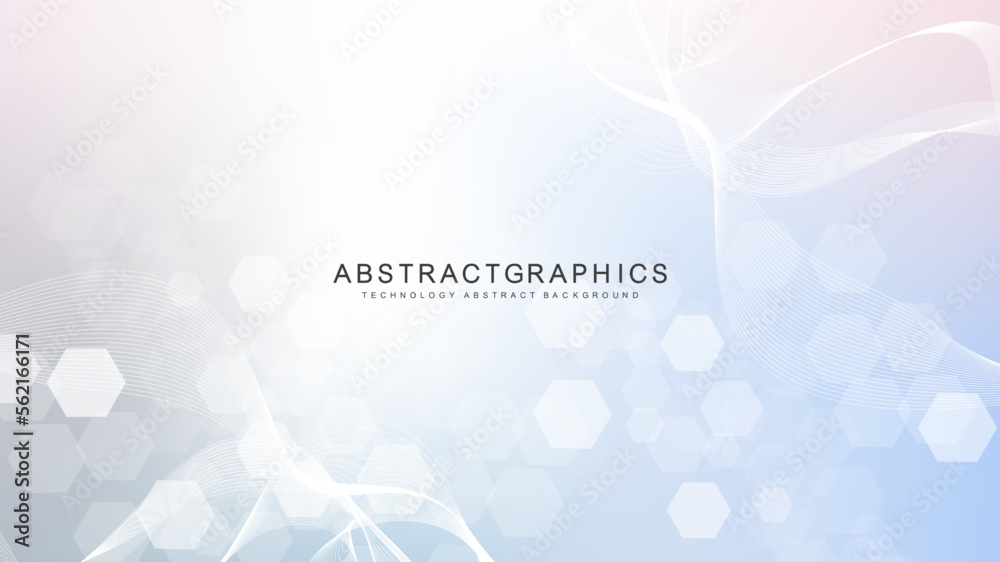 Poster modern scientific background with hexagons, lines and dots. wave flow abstract background. molecular