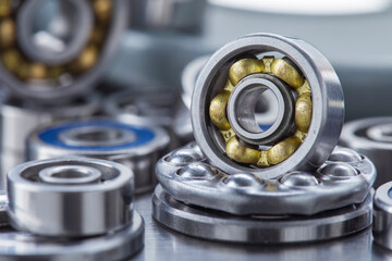 different bearings on a metal background. Part of mechanism.