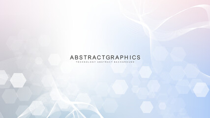 Modern scientific background with hexagons, lines and dots. Wave flow abstract background. Molecular structure for medical, technology, chemistry, science. Vector illustration - obrazy, fototapety, plakaty