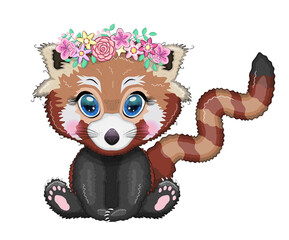 Red panda, cute character with bamboo leaves, greeting card, bright childish style. Rare animals, red book, cat, bear