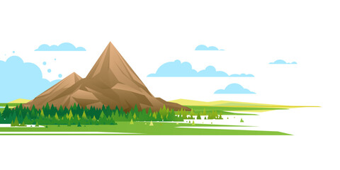 One big high mountain with spruce forest around, nature tourism landscape illustration isolated