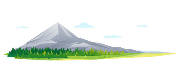 One big high mountain with spruce forest around, nature tourism landscape illustration isolated